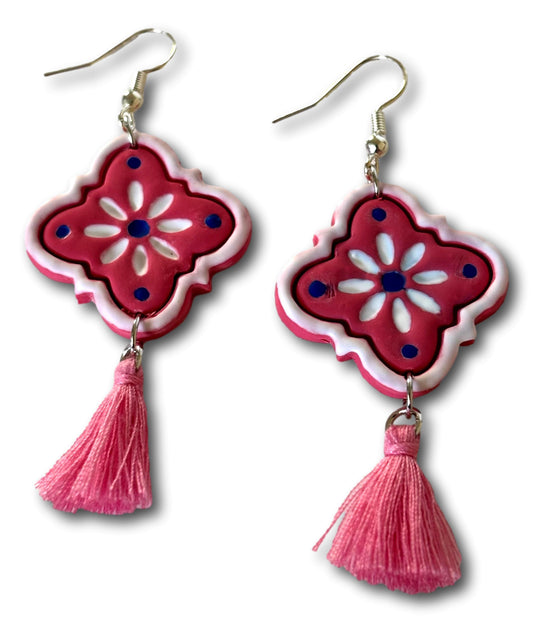 Talavera Style Polymer Clay Dangle Earrings with Tassels – 2"x1" with 18k Gold or Silver Hooks
