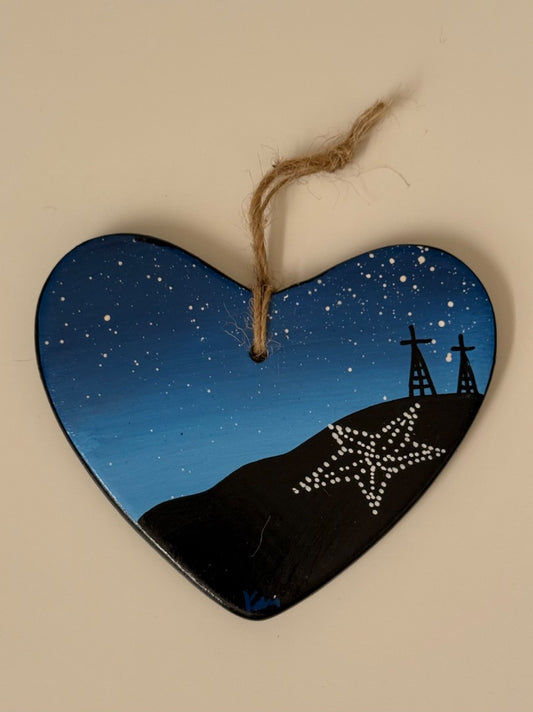 Heart-Shaped Ceramic Ornament – El Paso Blue Sky Star on the Mountain (4" x 3.75")