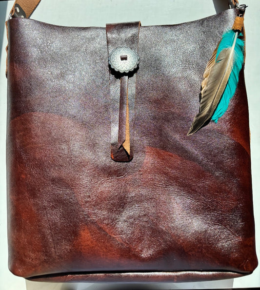 Beautiful Handmade Brown Leather Tote – Western Design with Silver Concho & Feather Tassel