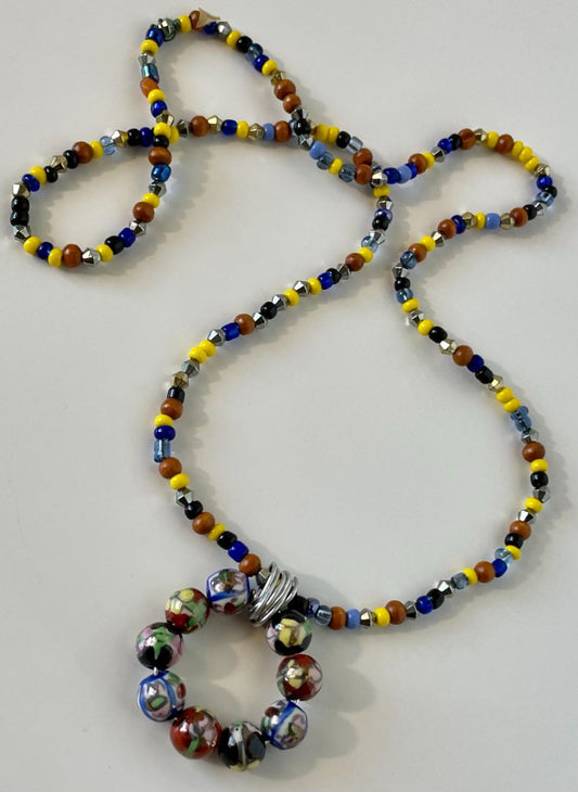 Yellow, Black, Blue, and Pecan Glass Seed Bead Necklace on Silver Wire, 24-Inch