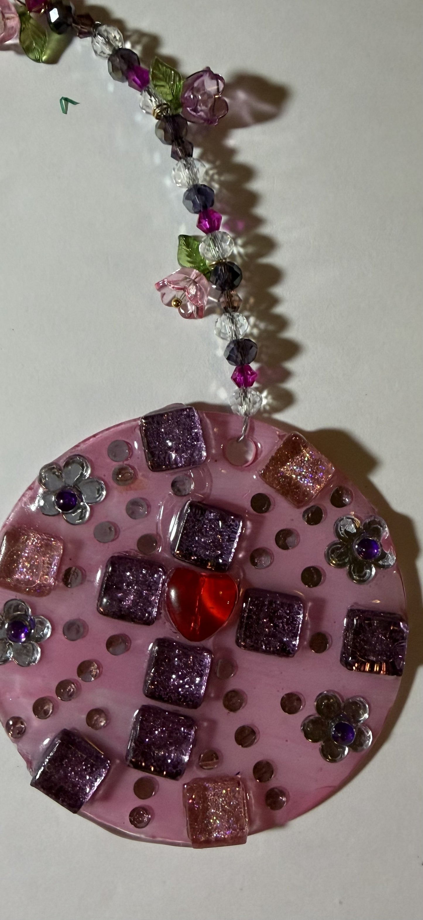 Purple cross and heart mosaic suncatcher by Sylvia Leroux, 3-inch decorative glass ornament for home and garden decor.