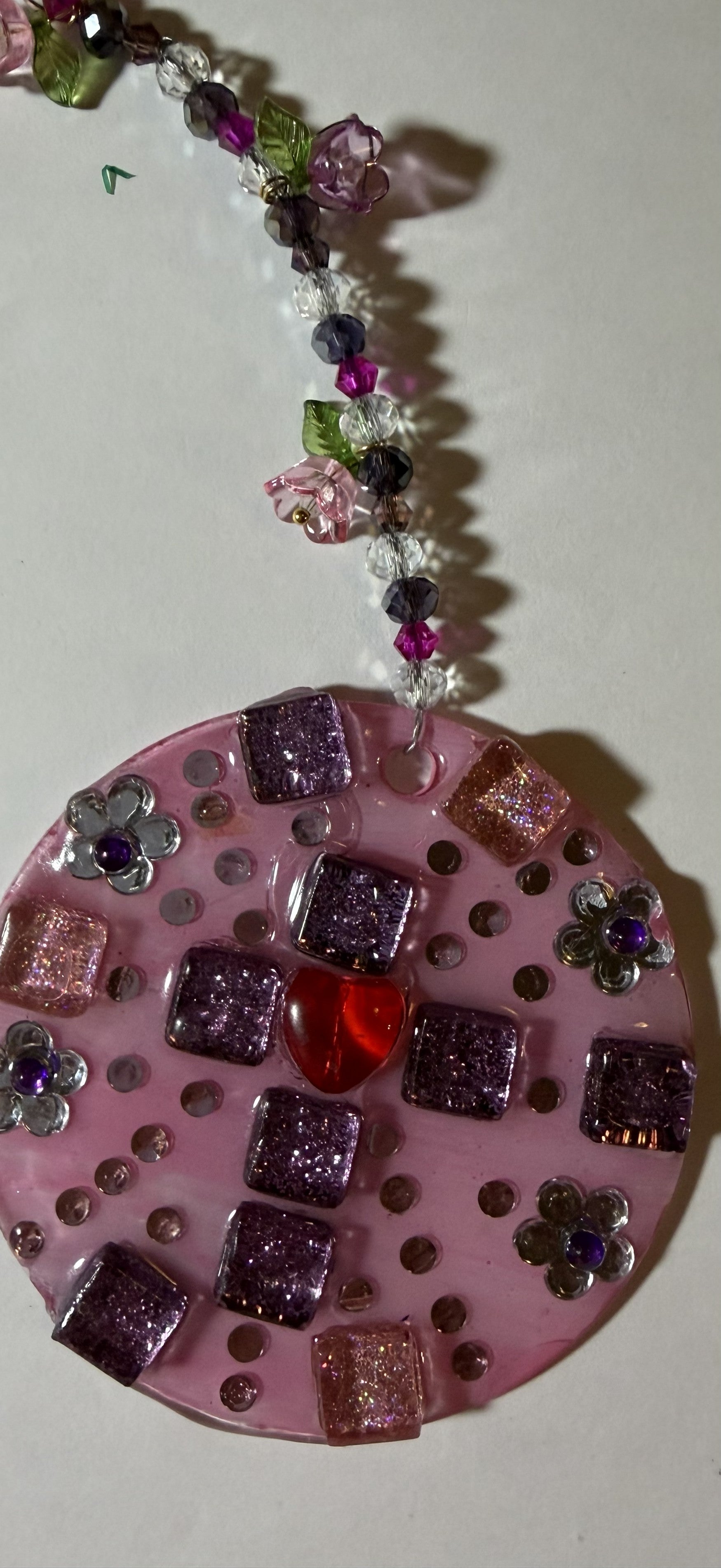 Purple cross and heart mosaic suncatcher by Sylvia Leroux, 3-inch decorative glass ornament for home and garden decor.