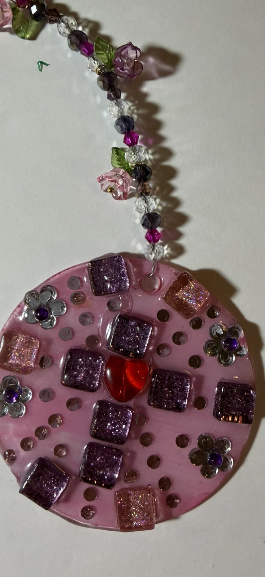 Purple cross and heart mosaic suncatcher by Sylvia Leroux, 3-inch decorative glass ornament for home and garden decor.