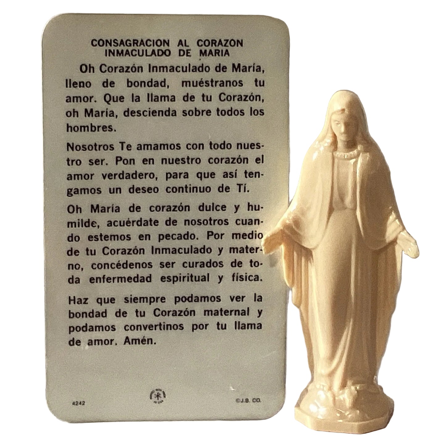 Immaculate Conception 4-inch Catholic figurine with Spanish prayer card, depicting the Virgin Mary in a serene pose.