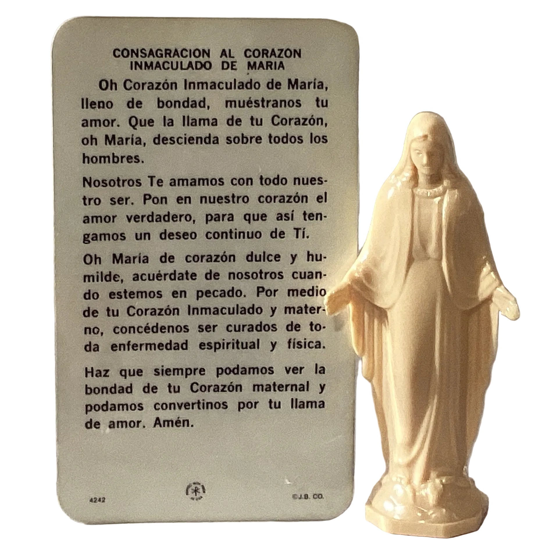 Immaculate Conception 4-inch Catholic figurine with Spanish prayer card, depicting the Virgin Mary in a serene pose.