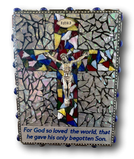 Iridized Glass Crucifix Wall Art – 12x9 in Handcrafted Jesus Cross from El Paso