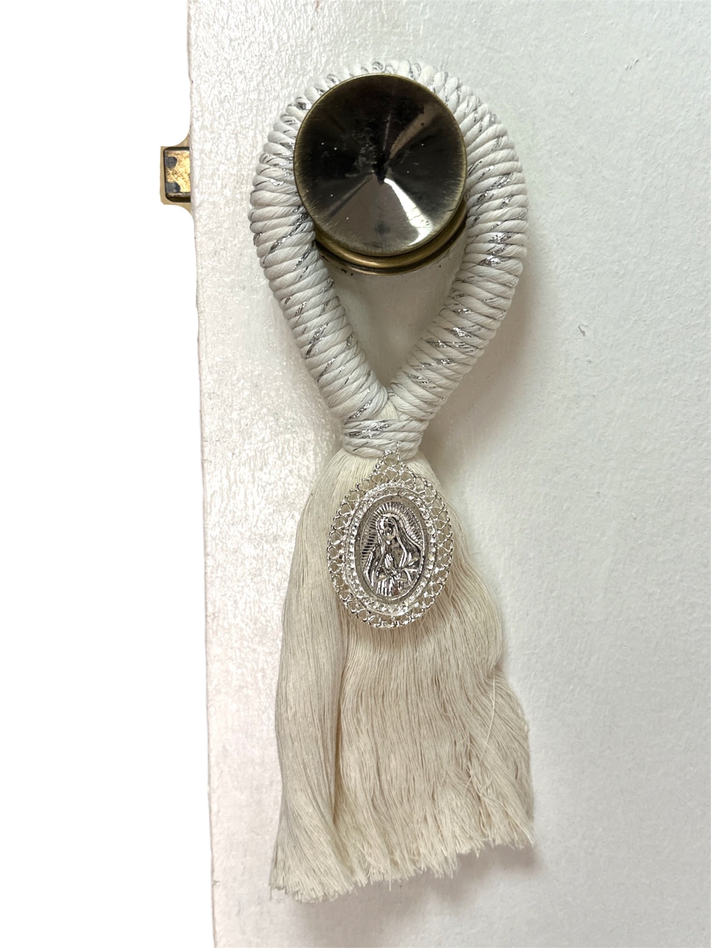 Silver Our Lady of Guadalupe 8.5-inch Catholic devotional ornament by Jose Alberto Chavez, featuring a detailed image of the Virgin Mary.