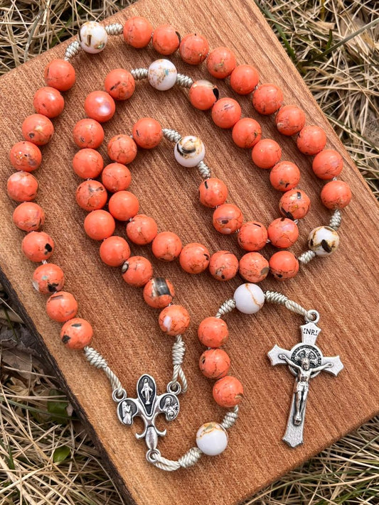 Jasper and Seashell Bead Rosary with Fleur de Lis Centerpiece and Saint Benedict Crucifix