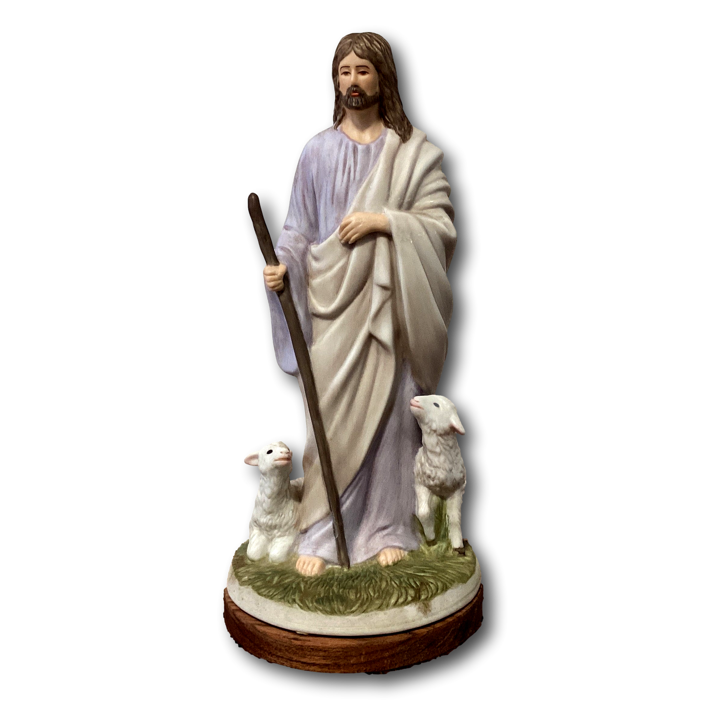 Porcelain statue of Jesus the Good Shepherd with lambs, 9-inch Catholic Christian gift, detailed religious saint statue.