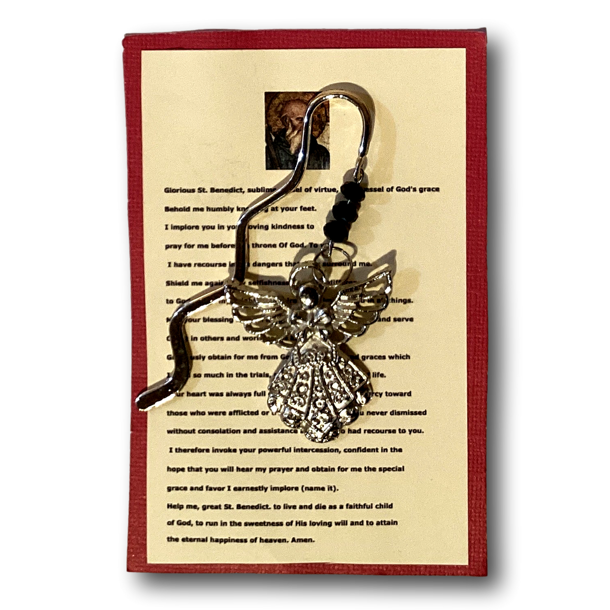 Silver Saint Benedict angel bookmark, 3.5 inches, religious Catholic devotion accessory, featuring a detailed angel design.