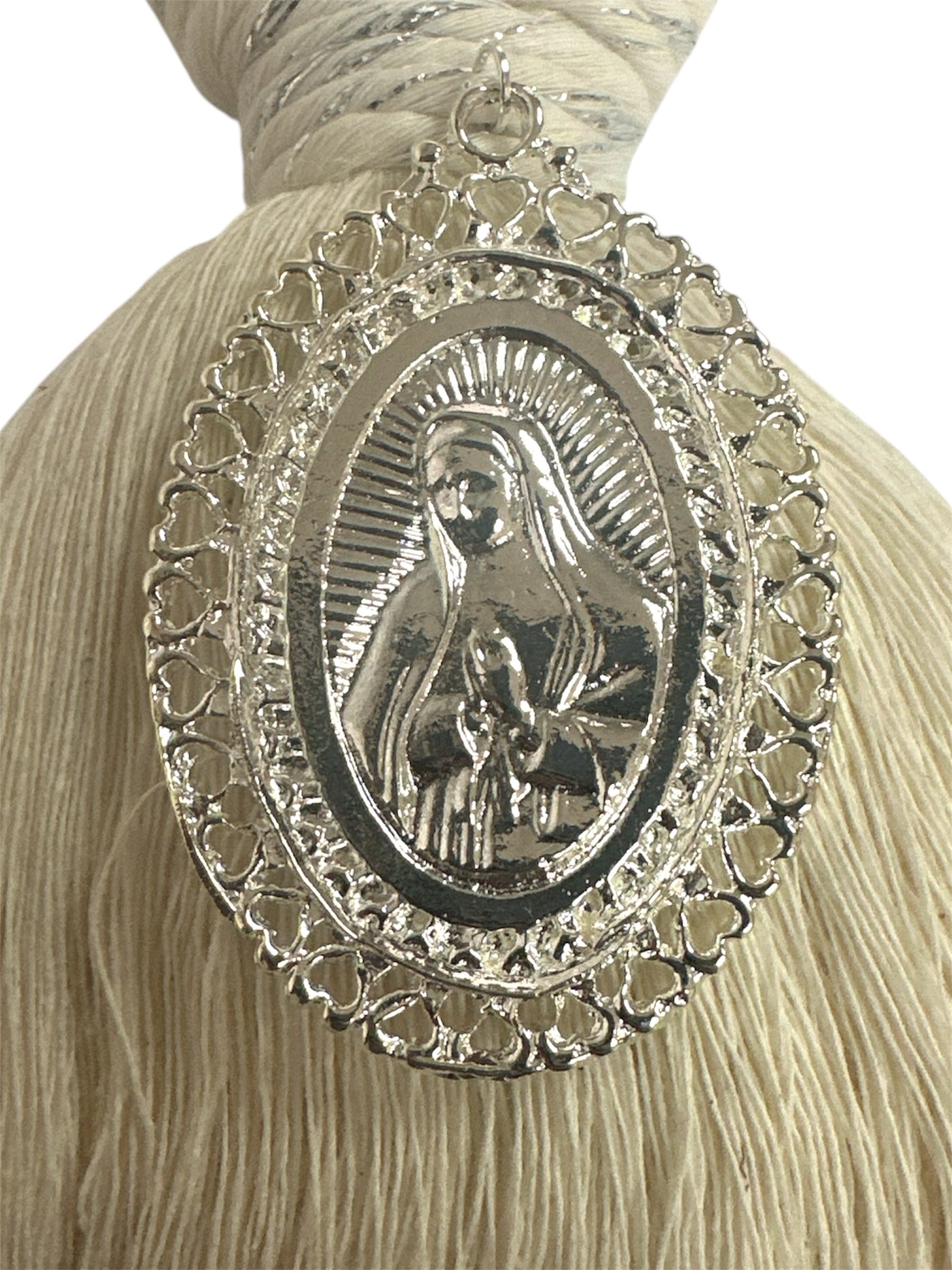 Silver Our Lady of Guadalupe 8.5-inch Catholic devotional ornament by Jose Alberto Chavez, perfect for door blessing or prayer space.