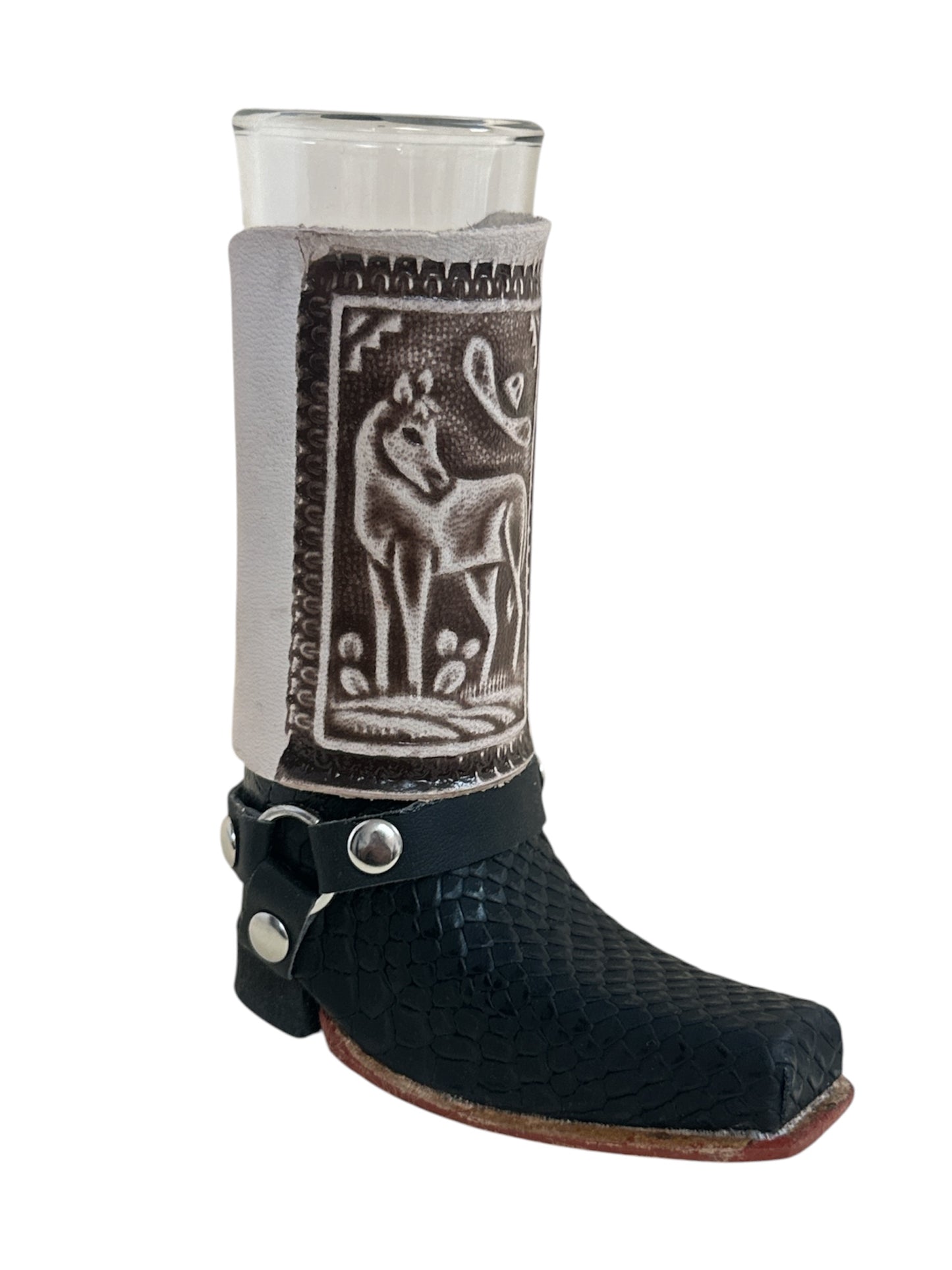 Handcrafted leather boot shot glass with removable glass insert, 6-inch tall, in assorted styles, ideal for home and bar use.