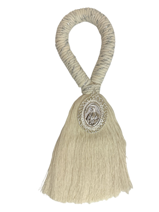 Silver Our Lady of Guadalupe 8.5-inch Catholic devotional ornament by Jose Alberto Chavez, perfect for door blessings.