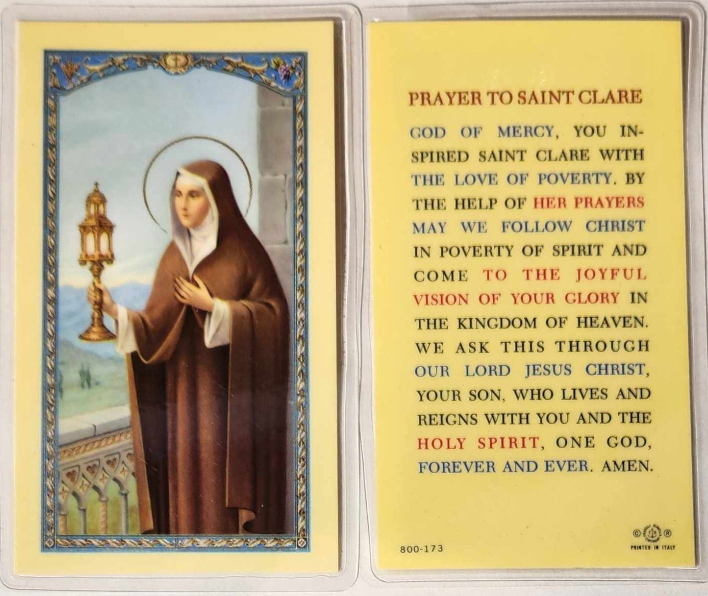 Laminated Prayer Card for Clarity – Saint Clare Catholic Devotion 800-173 English