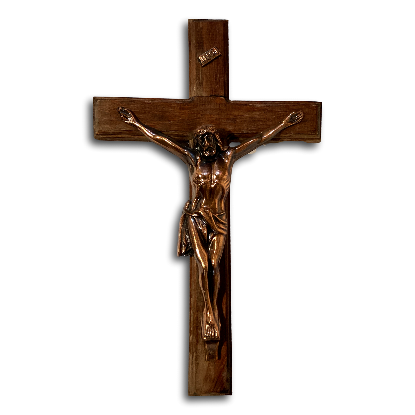 Large 18-inch wooden Christian cross with bronze-tone corpus, Catholic religious statuary.