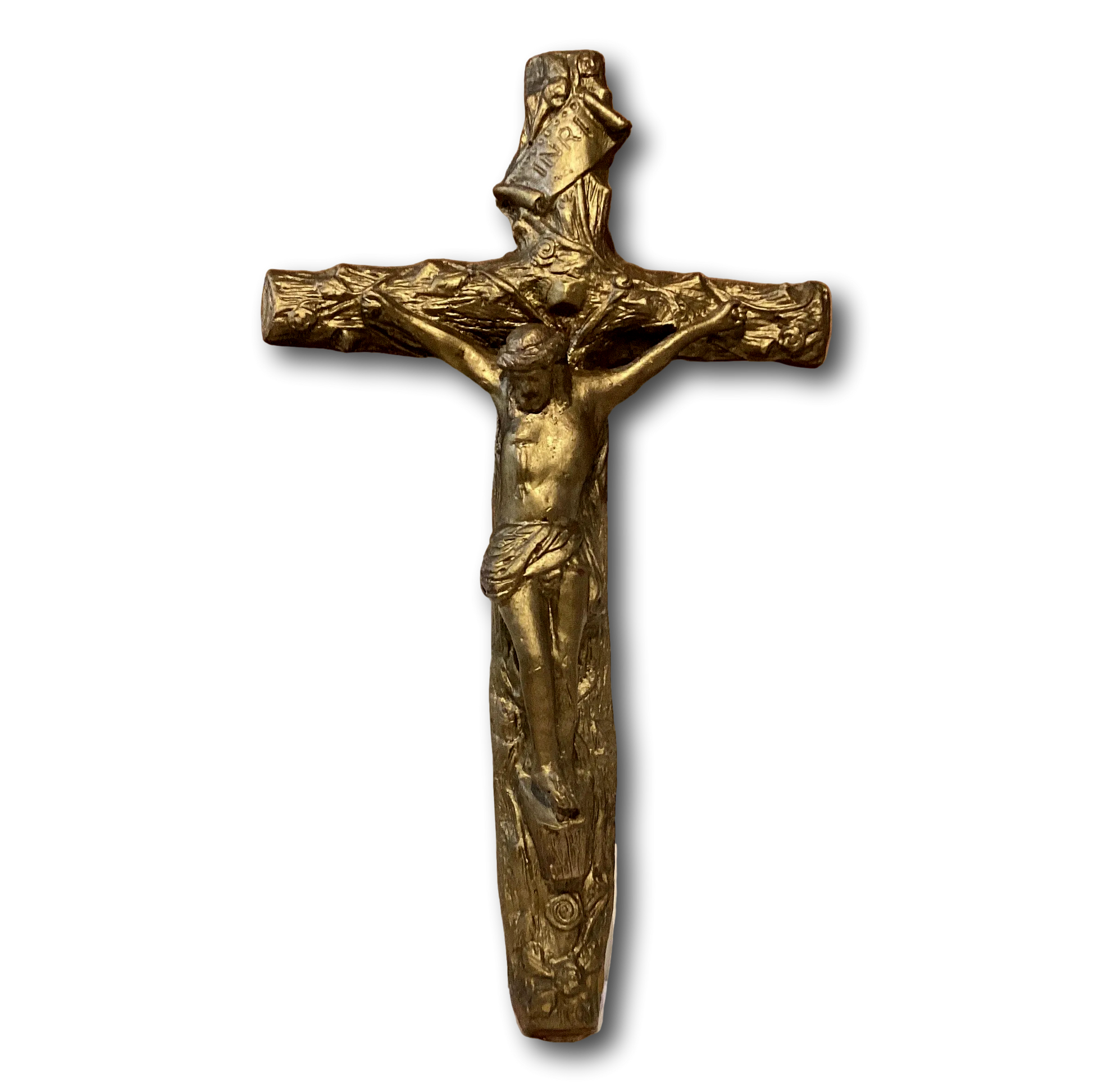 Large 22-inch gold ceramic crucifix with carved wood-look cross and detailed Jesus figure, ideal for Catholic and Christian gift displays.