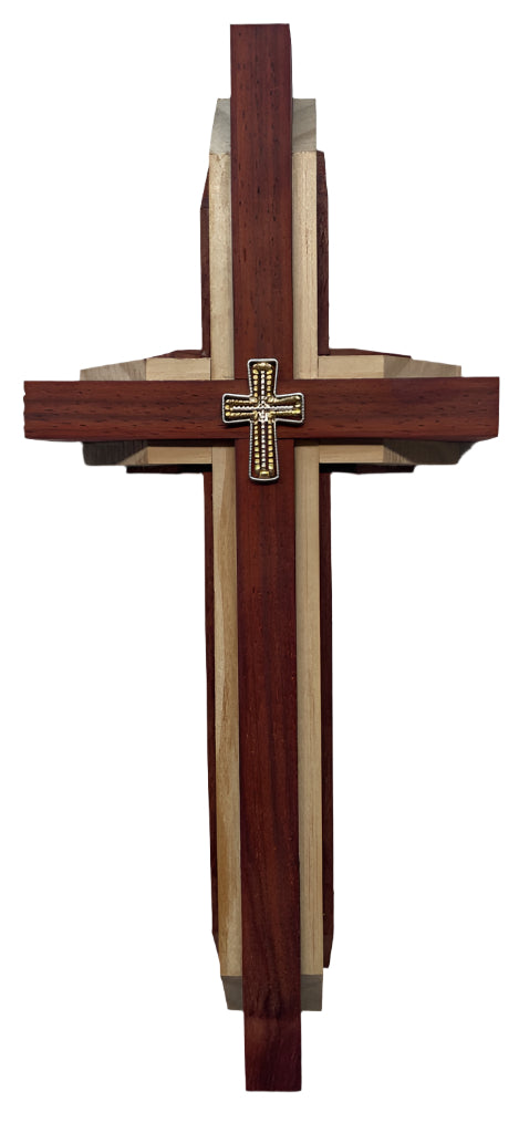 Large Abstract Cross – Walnut, Black Walnut, Red Oak, Poplar, Redwood & Padauk – 12" x 5"