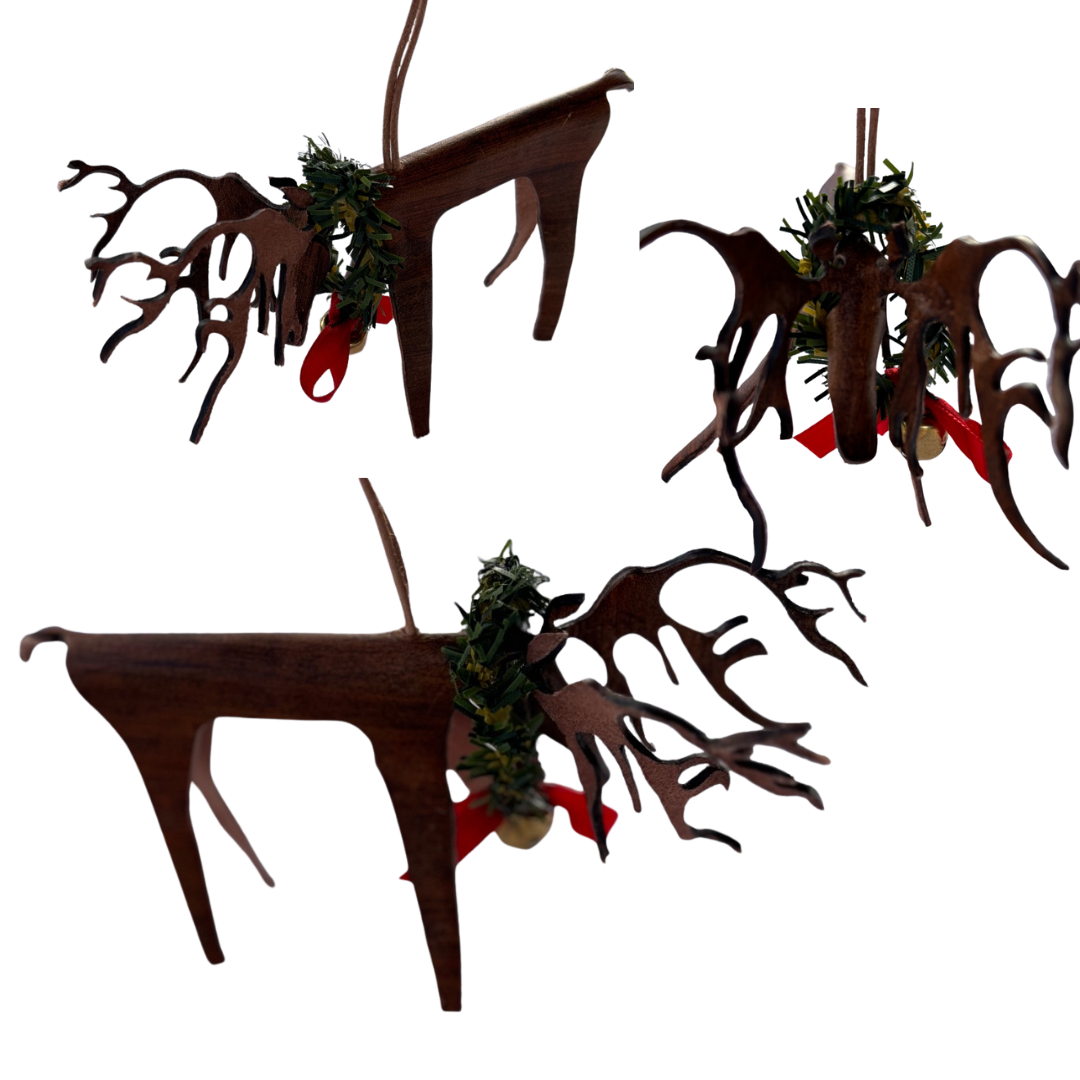 Handcrafted Leather Reindeer Ornament – Brown with Wreath & Ribbon - Ysleta Mission Gift Shop