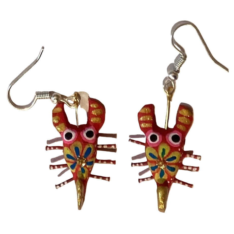 Yellow lobster-shaped clay earrings from Ysleta Mission Gift Shop, jewelry accessory with vibrant, handcrafted design.