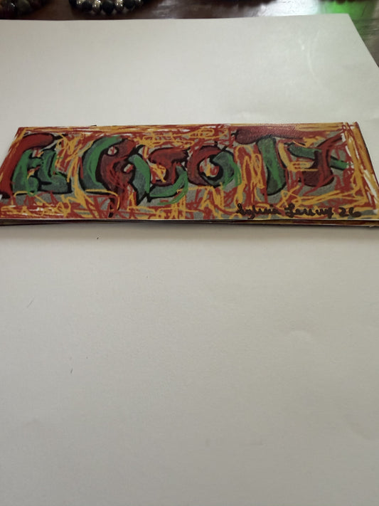 El Paso Chili Pepper Letter Magnet by Sylvia Leroux showing colorful red and green chili peppers on a yellow background.