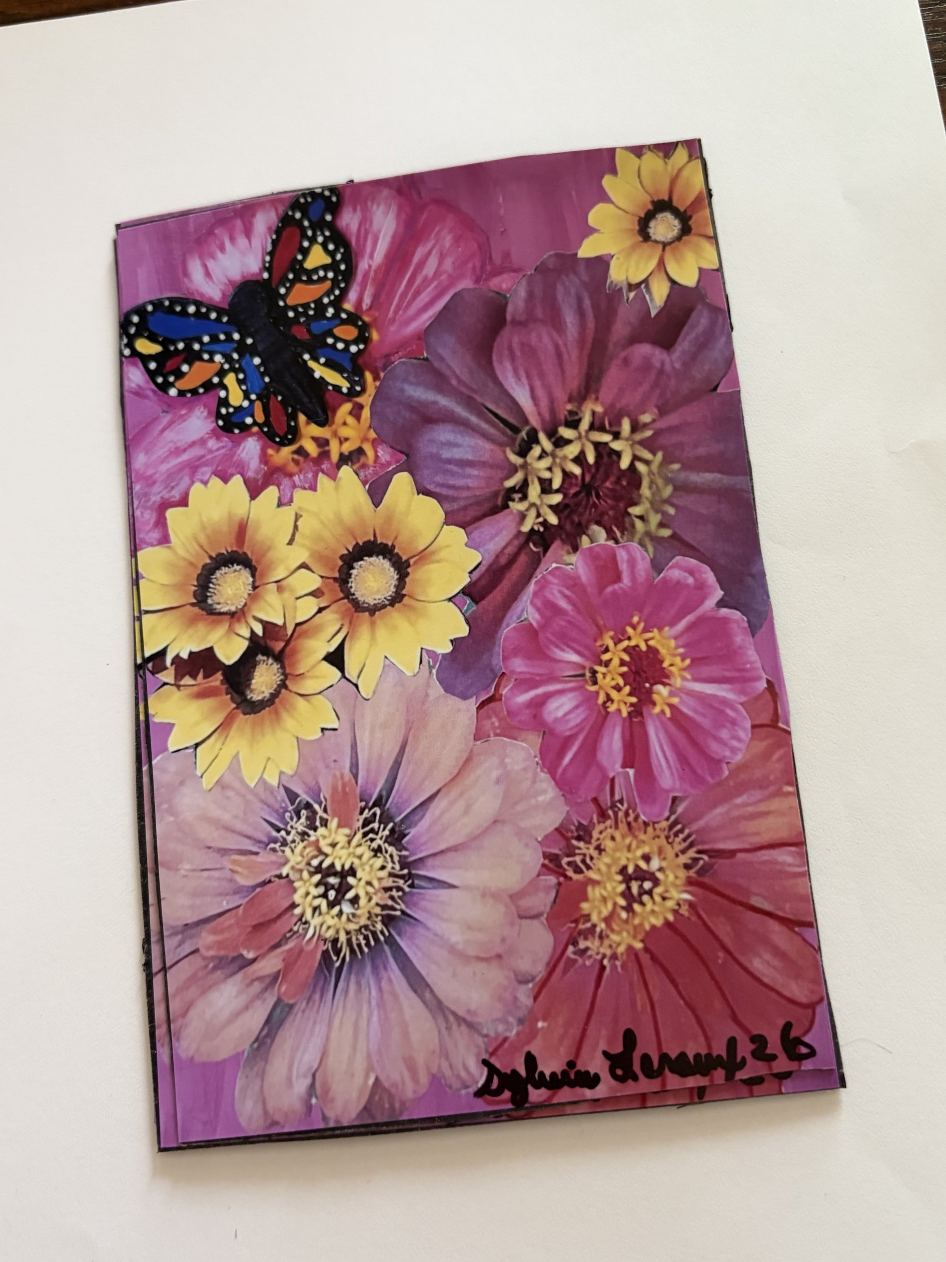 Vintage collage art magnet by Sylvia Leroux featuring butterflies, flowers, and artistic prints for home and refrigerator decor.