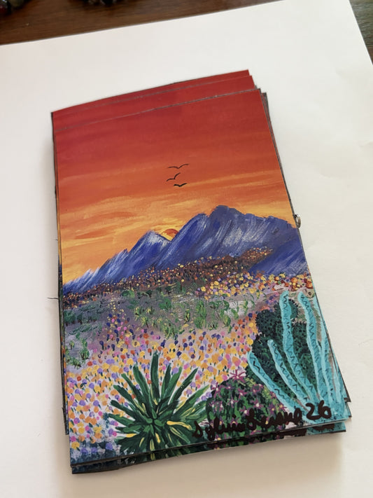 Franklin Mountains art magnet by Sylvia Leroux featuring vibrant southwestern poppy design, 4x6 refrigerator decor.