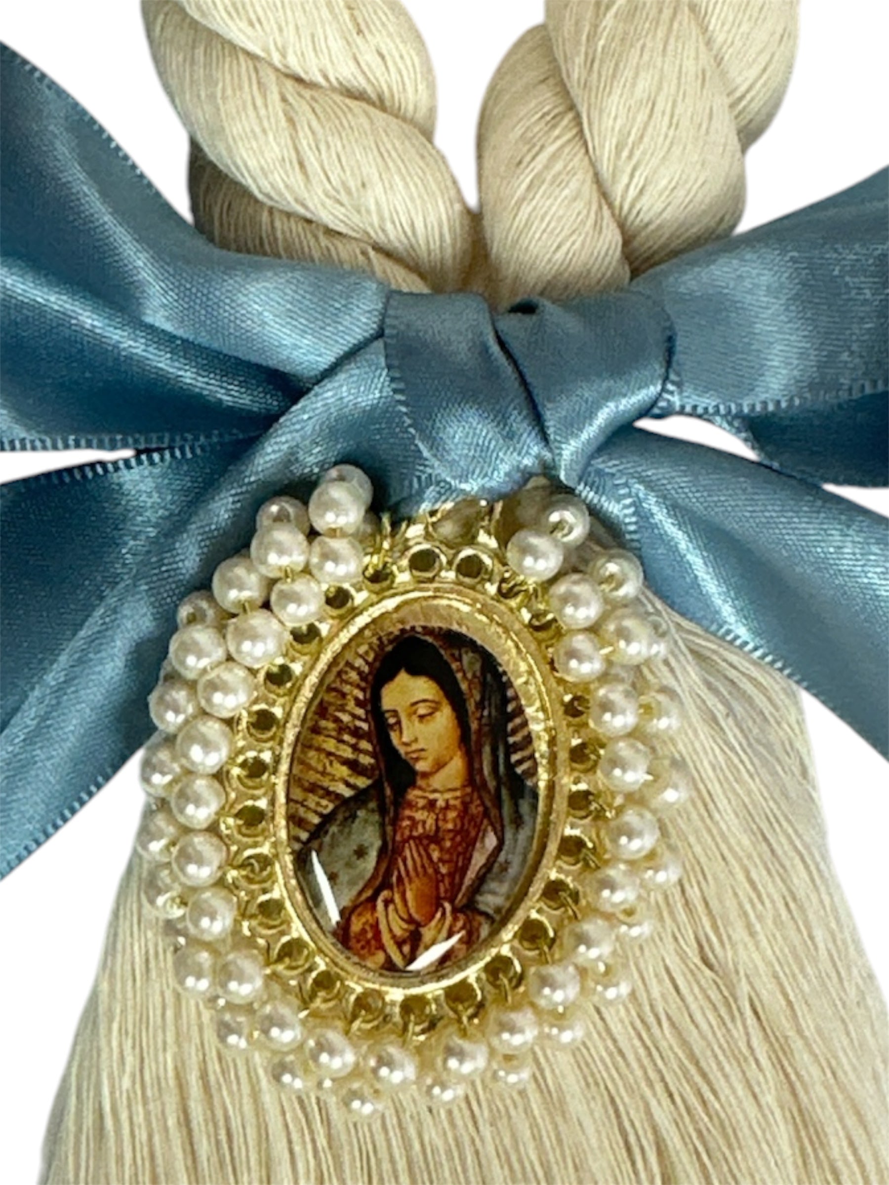 Blue satin bow and Our Lady of Guadalupe wall hanging, Catholic devotional ornament, 8.5 inches, by Jose Alberto Chavez.