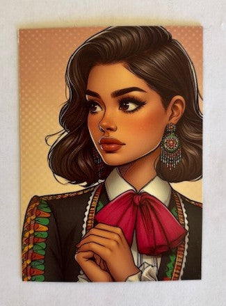 Magnet of a Mariachi girl souvenir by Miguel Martinez, featuring traditional mariachi attire and musical instrument design.