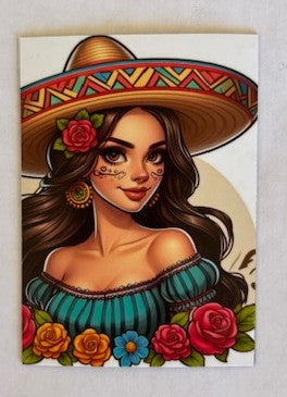 Magnet of a girl wearing a sombrero, souvenir magnet by Miguel Martinez, perfect for decorative fridge displays.