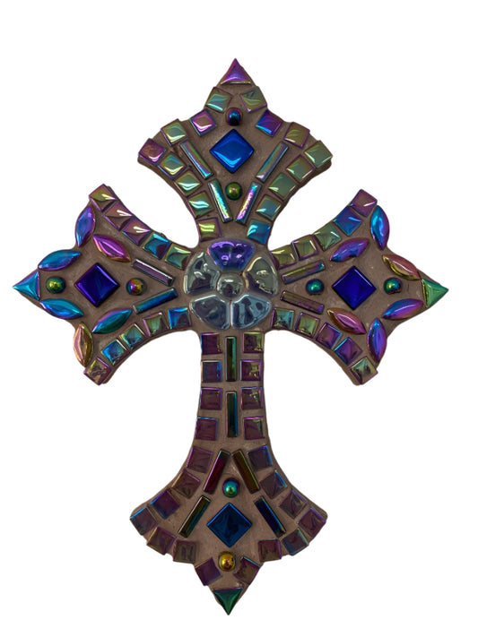 Handcrafted Wood Mosaic Cross – 9½x7½" in Radiant Fluorescent Colors