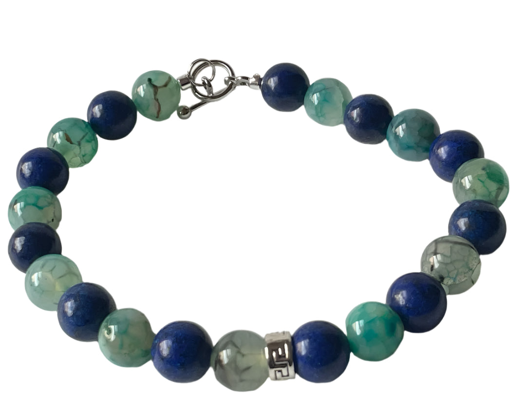 Men’s 8" Beaded Bracelet – Blue-Green Crackle Stones with Decorative Center Bead