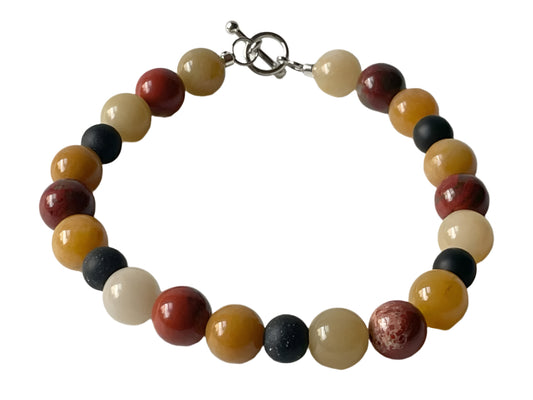 Men’s 8" Beaded Bracelet – Rust, Cream, and Yellow Stone Beads with Black Accents