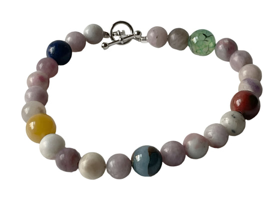 Men’s 8" Beaded Bracelet – White, Grey, and Multicolor Stone Beads with Silver Toggle Clasp