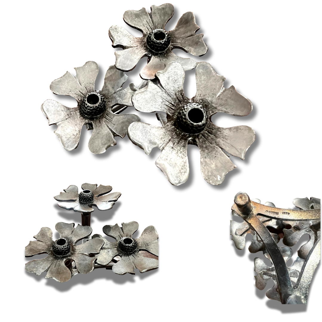 Classic Metzke 1979 Dogwood Flower pewter candle holder with detailed floral design, perfect for home and garden decor.