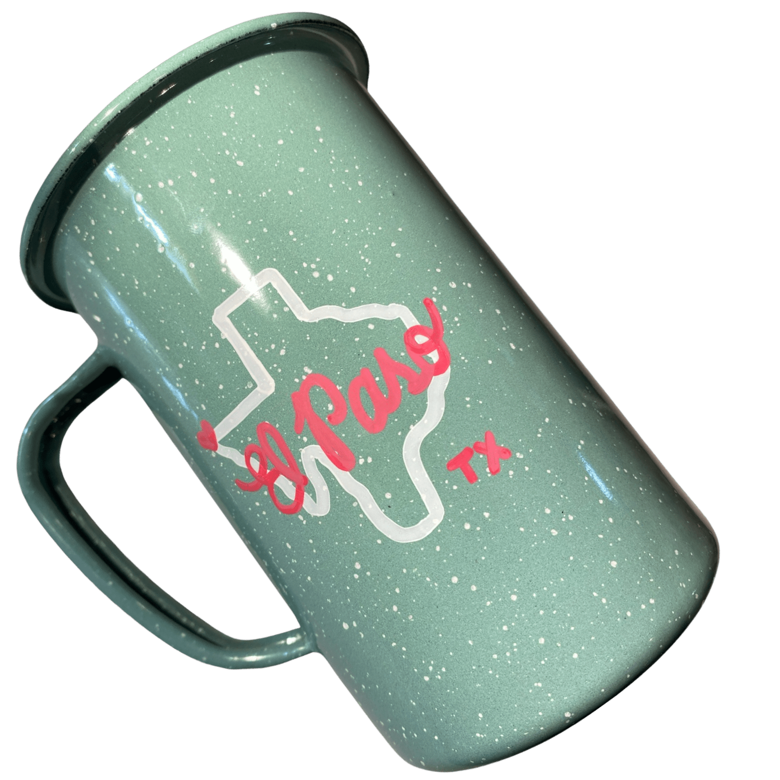 Mint Peltre El Paso Mug – 16 oz Hand-Drawn Pink Lettering Tall Enamel Tin Souvenir Cup