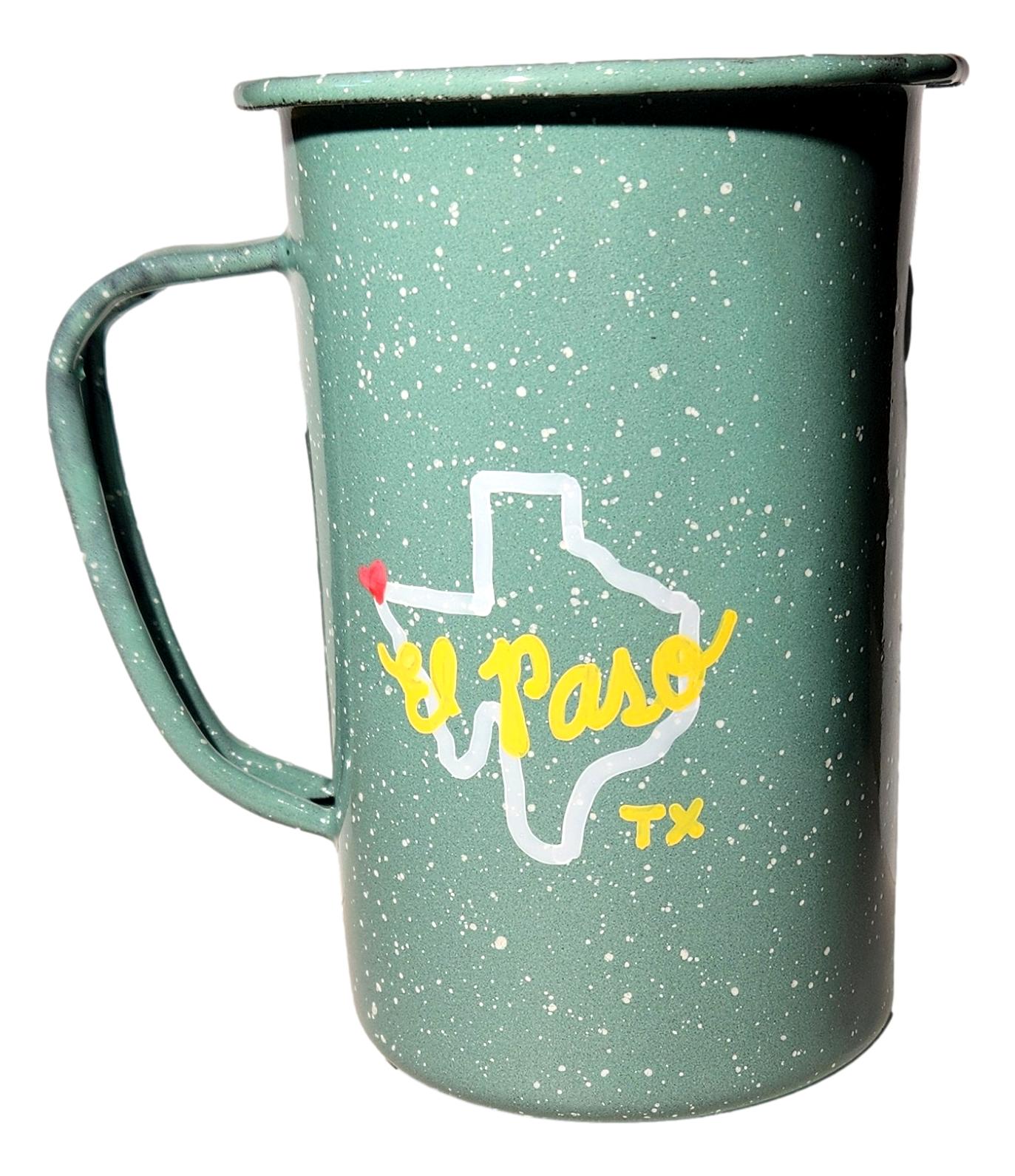Mint Peltre El Paso Mug – 16 oz Tall Enameled Tin with Yellow Hand-Drawn Design
