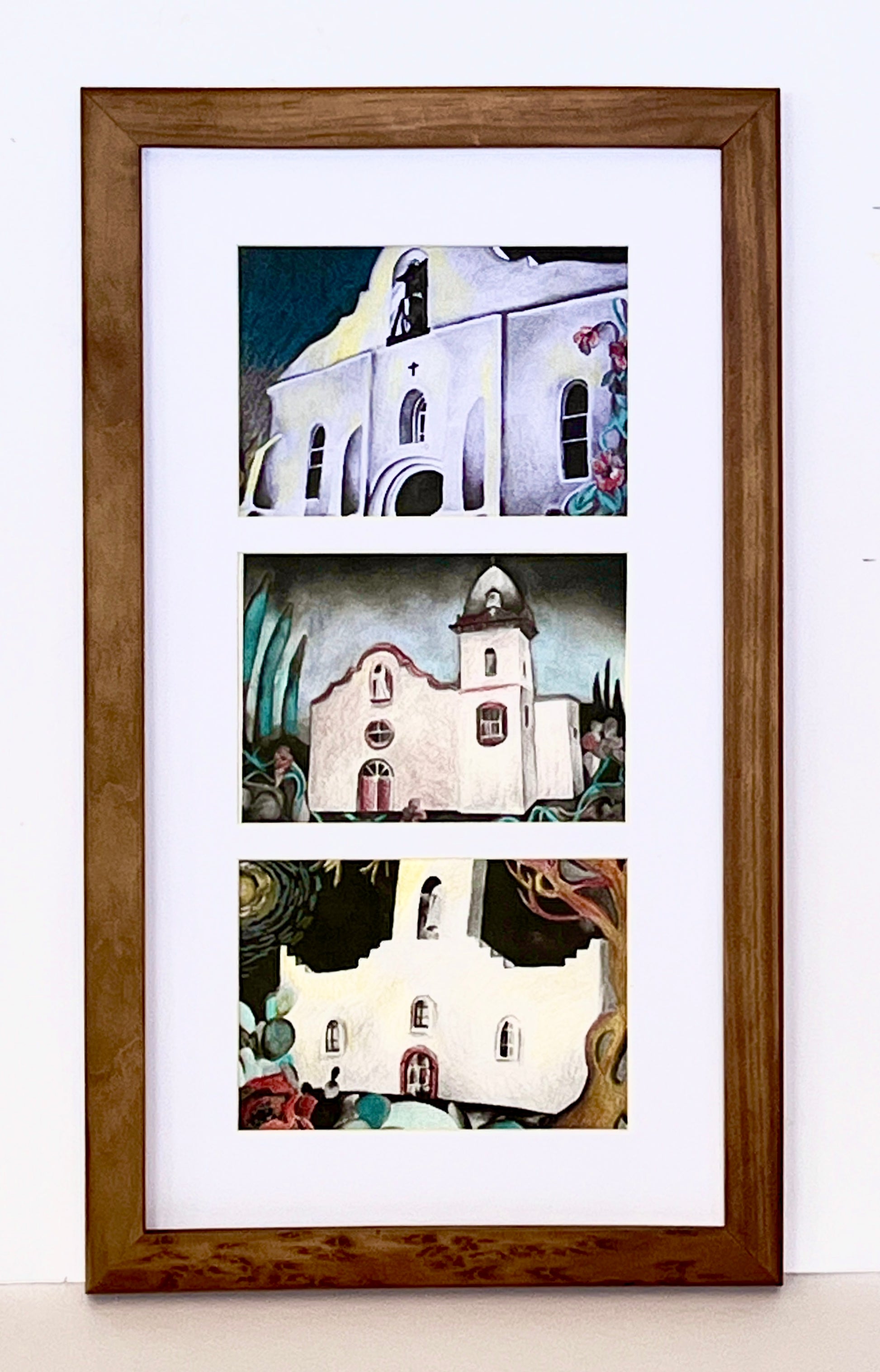 El Paso Mission art print by Susan W Perez in rustic wood frame, featuring colorful hand-colored trail scene artwork.