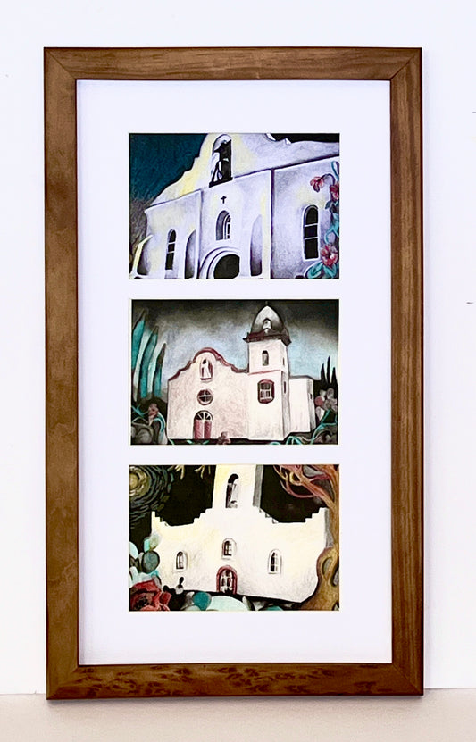 El Paso Mission art print by Susan W Perez in rustic wood frame, featuring colorful hand-colored trail scene artwork.
