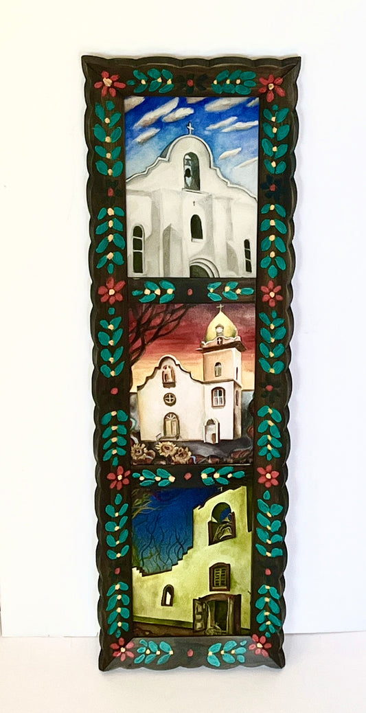 Hand-painted watercolor print of the Mission Trail in a scalloped wood frame, part of Susan W Perez's El Paso artwork and souvenirs.