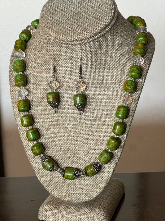 Mojave turquoise and faceted glass necklace and earrings set with silver-tone details, 18-inch beaded jewelry from Ysleta Mission Gift Shop