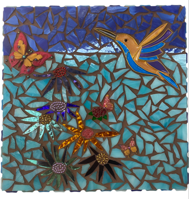 Mosaic Hummingbird, Butterfly, and Flower Plaque – 12x12 Handcrafted Nature-Inspired Faith Art