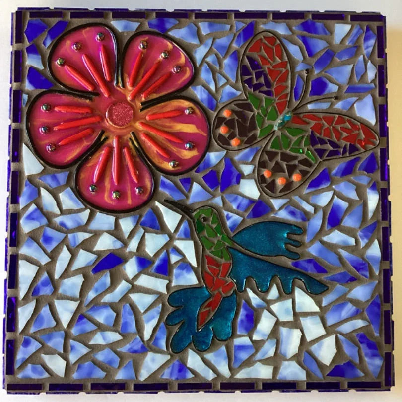 Mosaic Wall Plaque – Butterfly, Flower & Hummingbird on Wood – 12×12