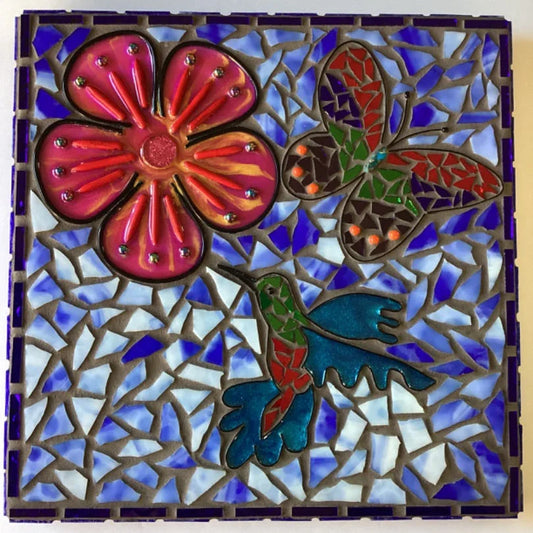 Mosaic Wall Plaque – Butterfly, Flower & Hummingbird on Wood – 12×12