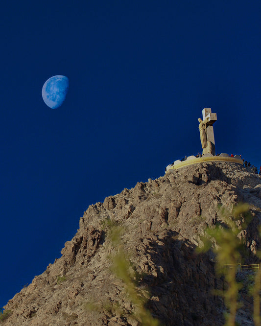 Matted 11x14 Cristo Rey Mount with Moon photo print by Susan W Perez, featuring mountain landscape and night sky in El Paso souvenir art