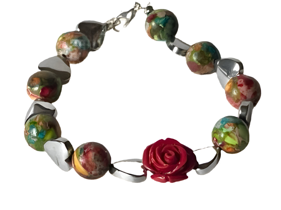 Multi-Color Stone Bracelet with Red Rose – 7.5” Boho Gemstone Beauty