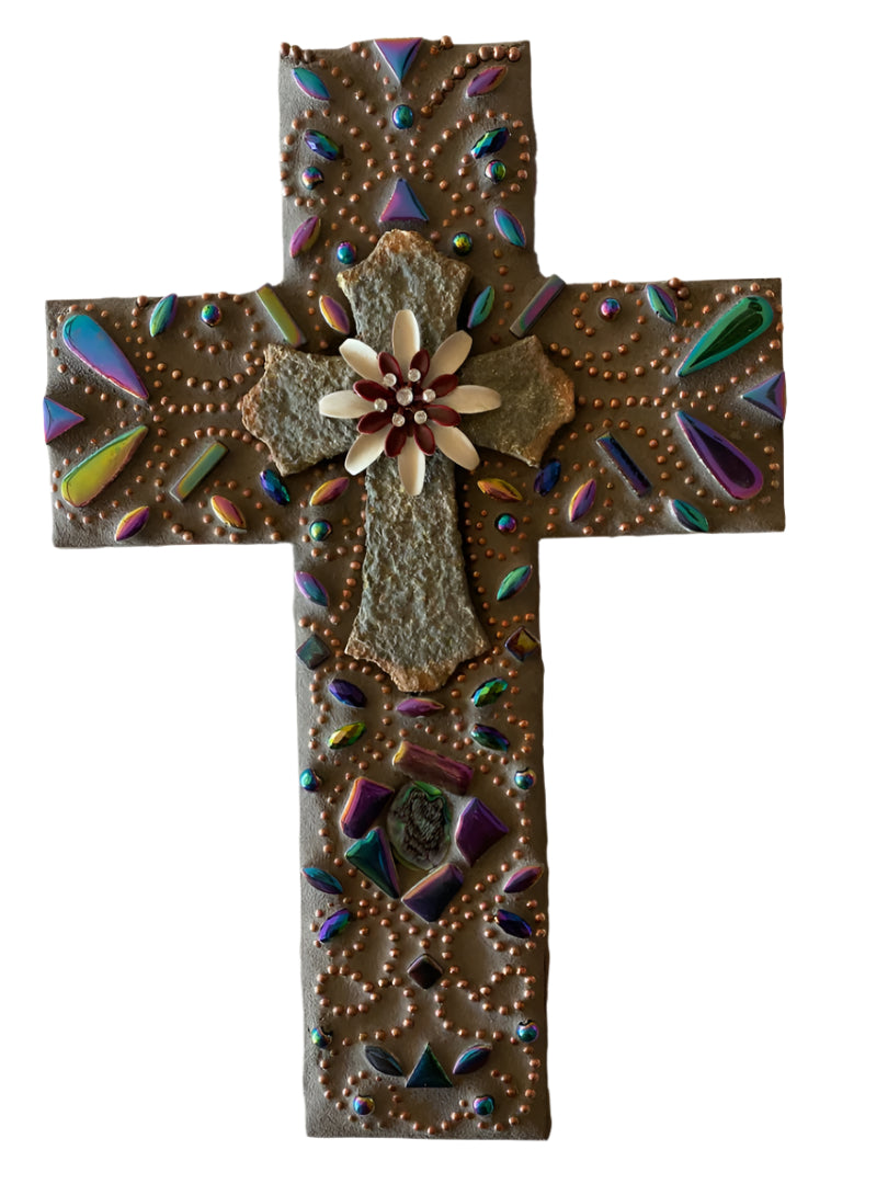 Multicolored Mosaic Cross with Central Cross & Chain – Handcrafted Spiritual Home Accent 12x8inches