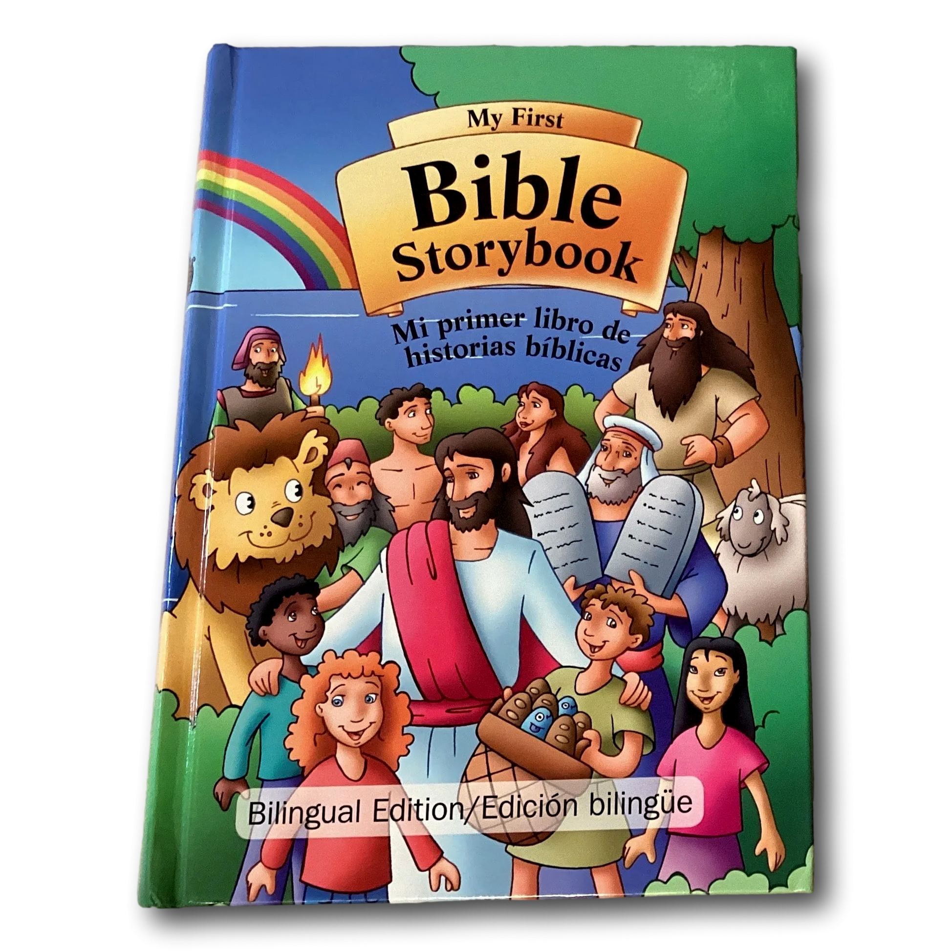 Bilingual edition of "My First Bible Storybook" by Ysleta Mission Gift Shop featuring colorful illustrations for children.
