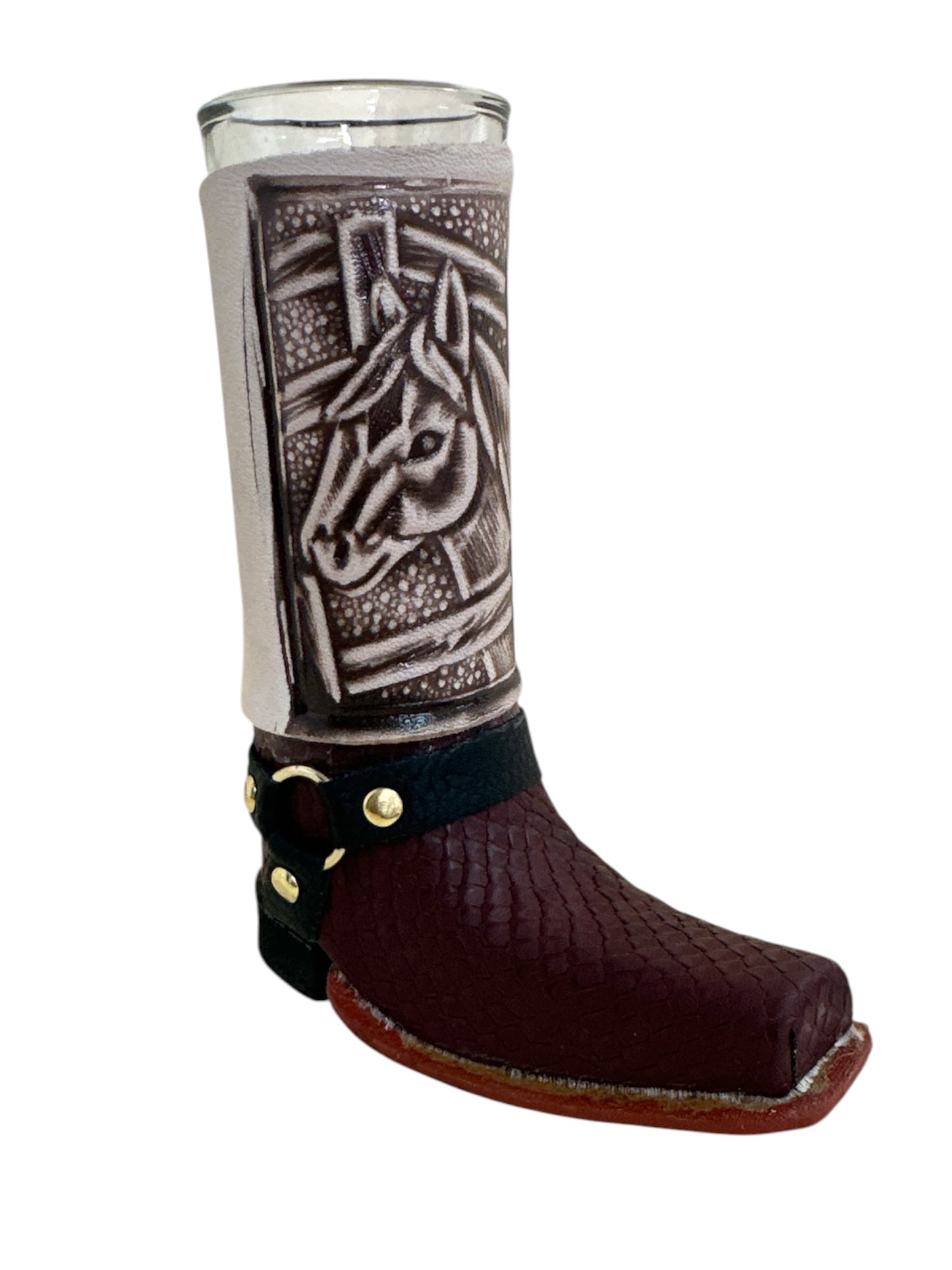 Handcrafted real leather boot shot glass with removable glass insert, assorted styles, 6-inch size for home or bar use.
