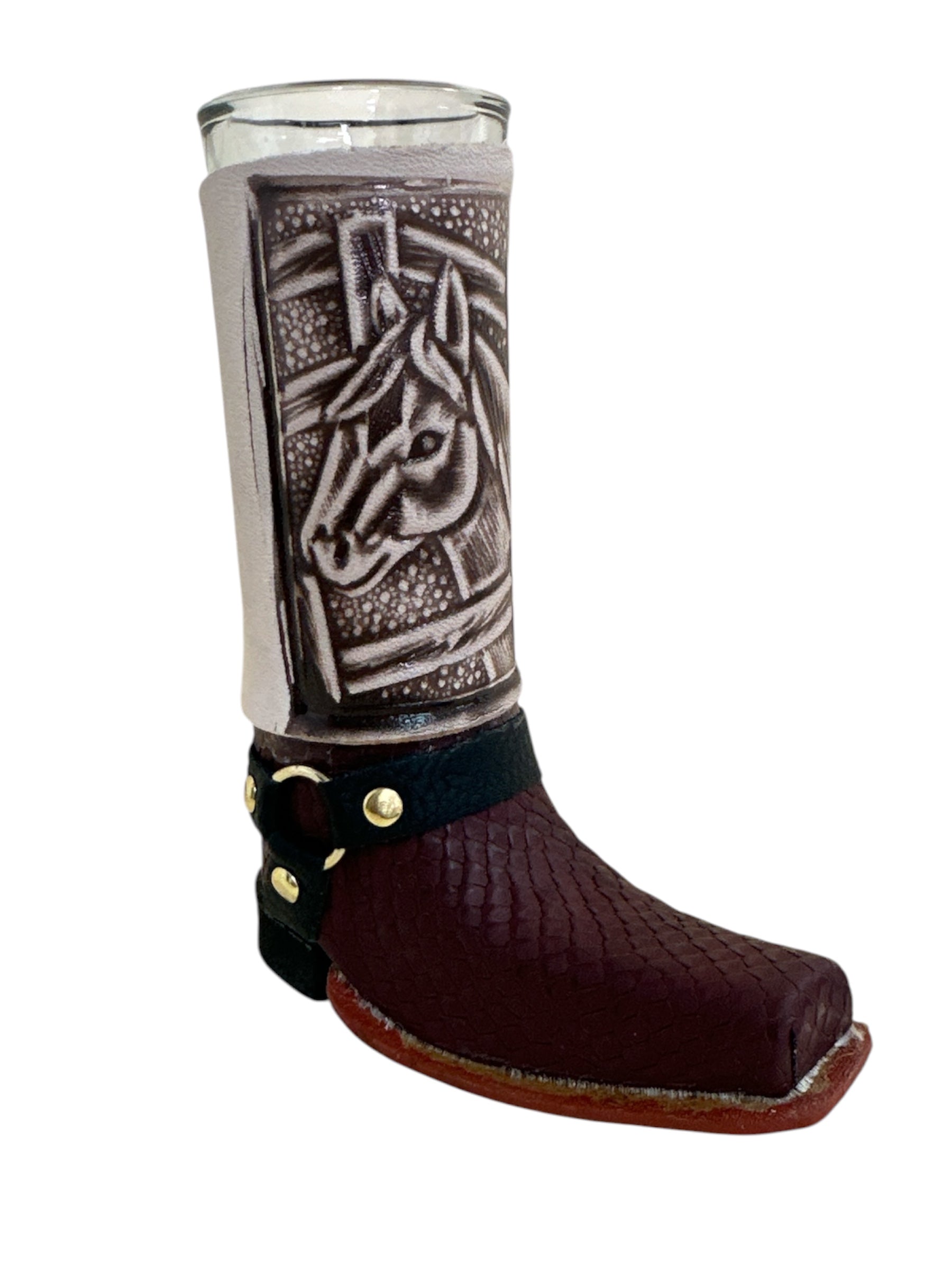 Handcrafted real leather boot shot glass with removable glass insert, assorted styles, 6-inch size for home or bar use.