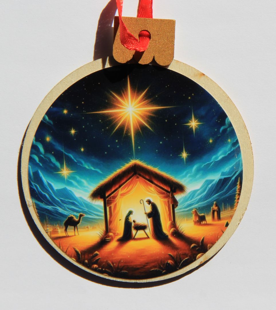 Ornament Nativity With Star, Wood Round 3.77 X 4.29In - Ysleta Mission Gift Shop